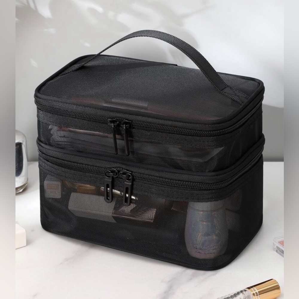 Black Double-Compartment Mesh Cosmetic Bag